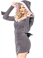 Female shark, costume dress, hood, front zipper, fin
